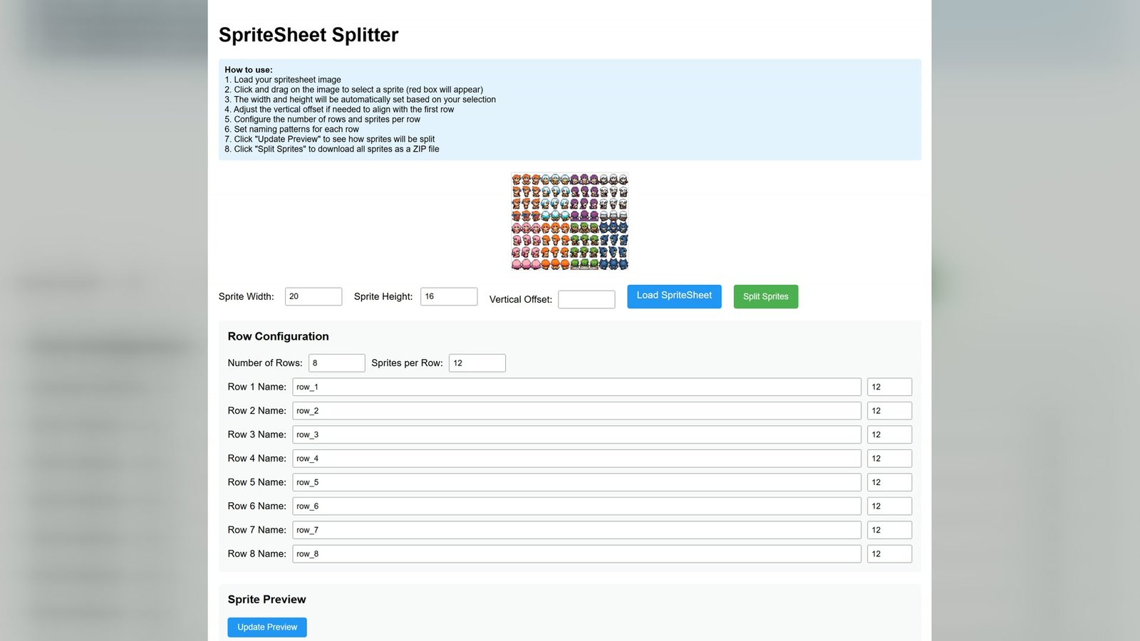 SpriteSheet Splitter slicing a spritesheet into named, per-row frames